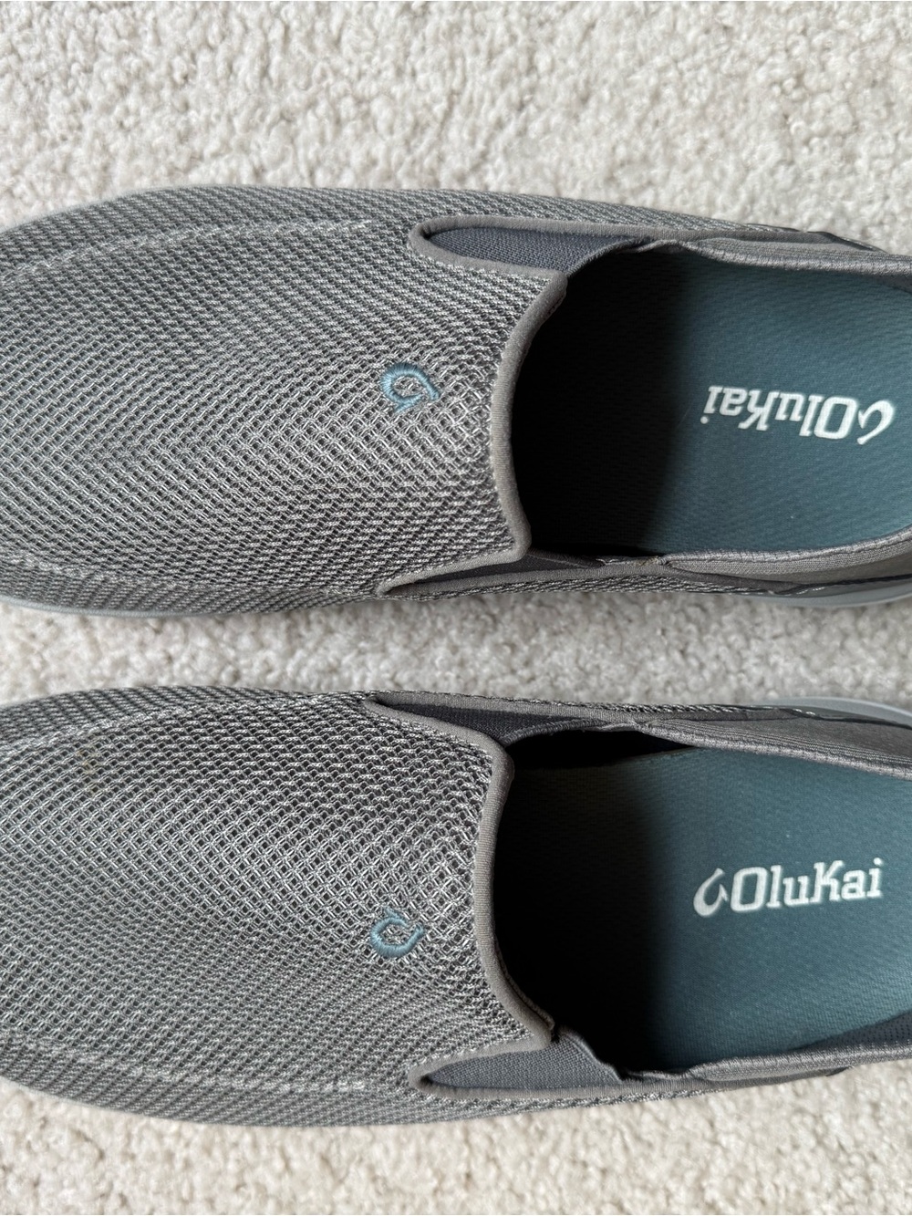 OluKai Men's Slip-On Mesh Loafers in Gray with Teal Accent